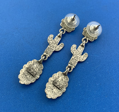1970 s Jonette JJ Pewter Cactus Concho Soutwestern Statement Dangle Earrings