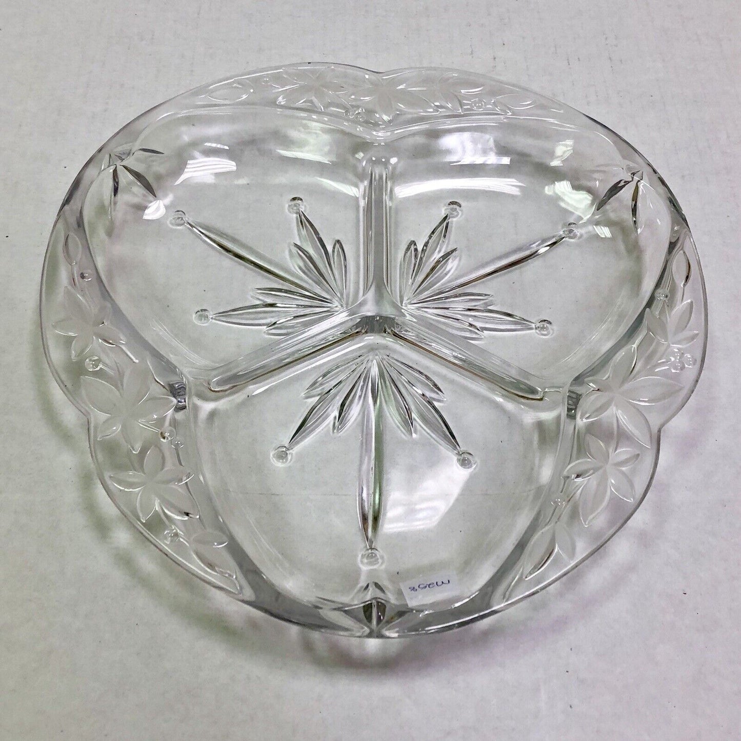 Vintage Quality Three Divided Frosted Etched Floral Scroll Relish Serving Dish