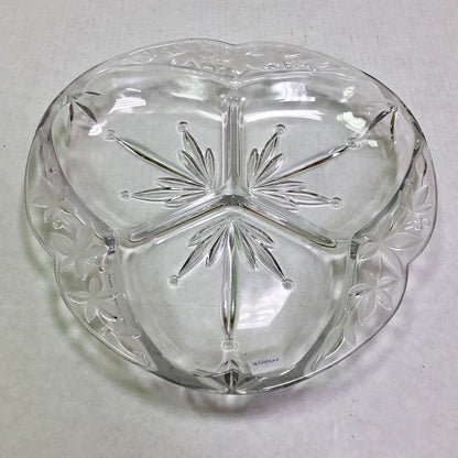 Vintage Quality Three Divided Frosted Etched Floral Scroll Relish Serving Dish