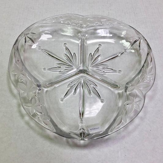 Vintage Quality Three Divided Frosted Etched Floral Scroll Relish Serving Dish