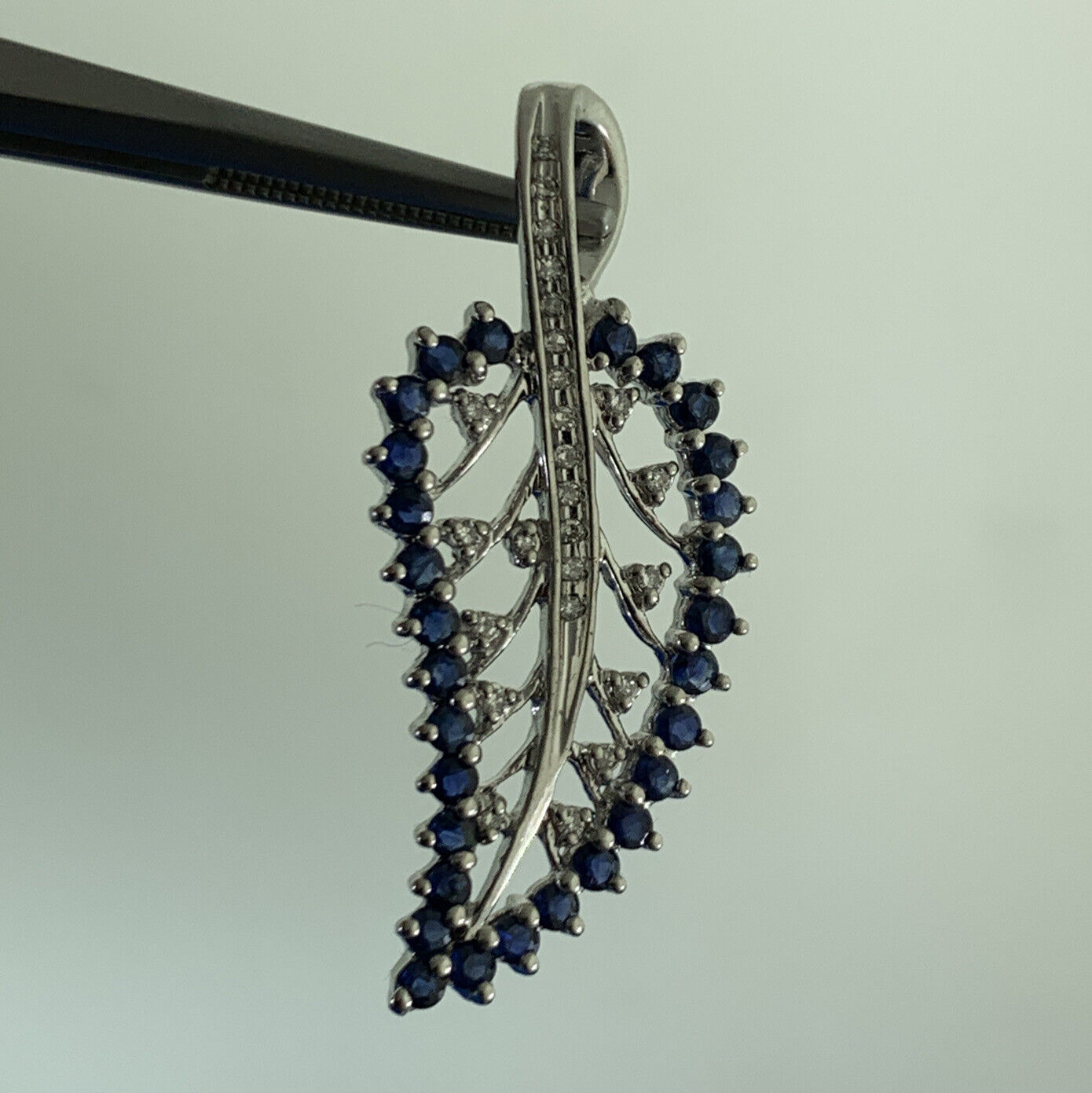 Designer GRP Blue Sapphire Diamond 925 Sterling Silver Leaf Nature Pendant
