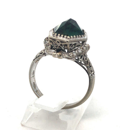 Stunning Art Deco 18K White Gold Hexagon Green Sapphire Statement Cocktail Ring