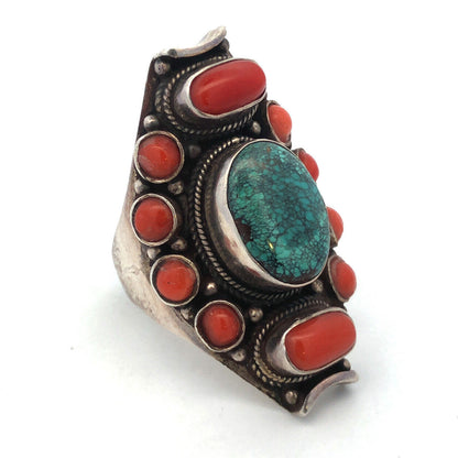 Old Pawn Unsigned 925 Sterling Silver Turquoise Coral Statement Finger Ring