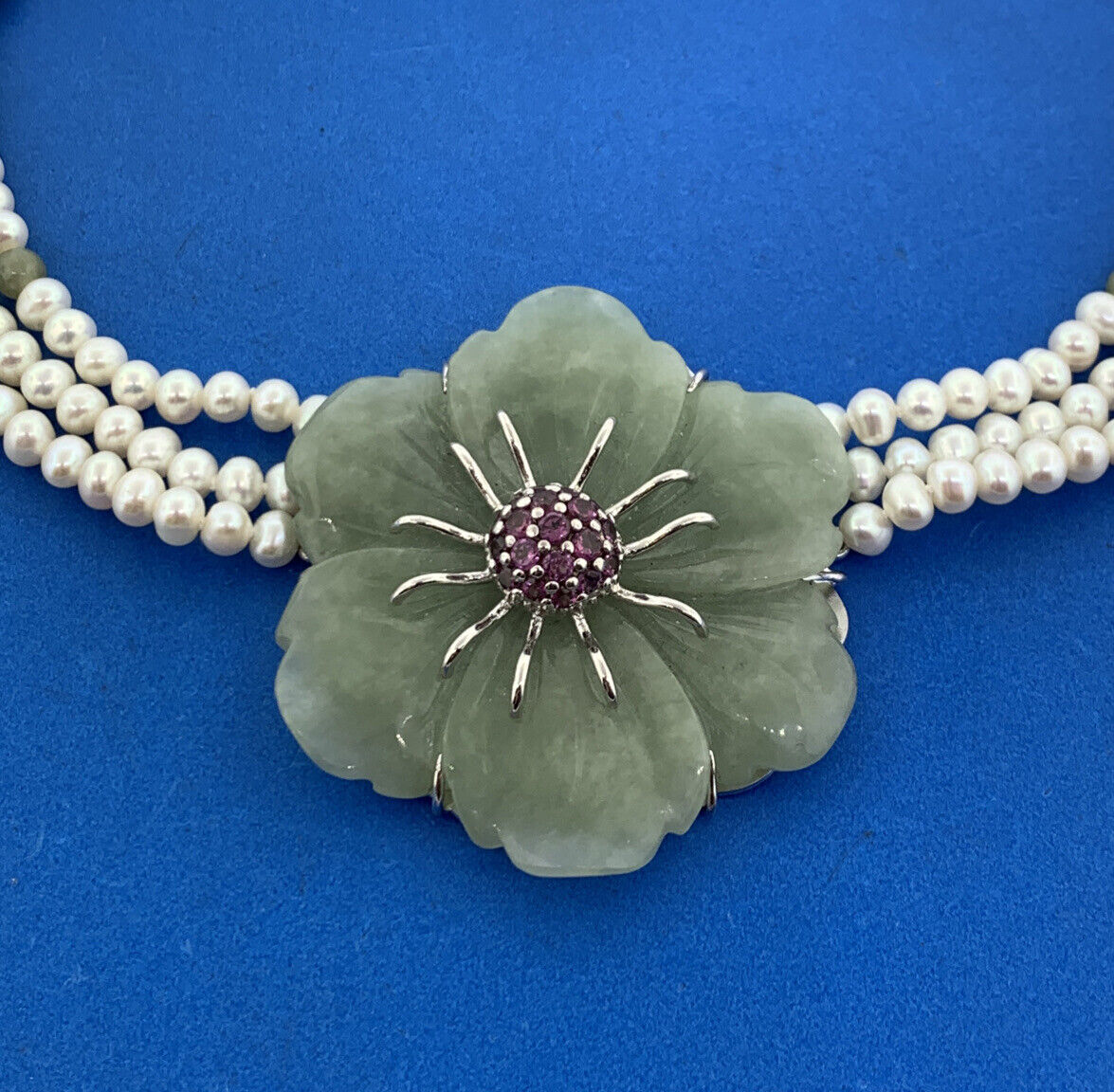 Designer Sterling Silver Carved Jade Pearl Pink Tourmaline Statement Necklace