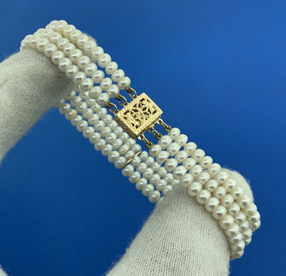 Designer 14K Yellow Gold Pearl June Anniversary Bridal 3 Strand Beaded Bracelet