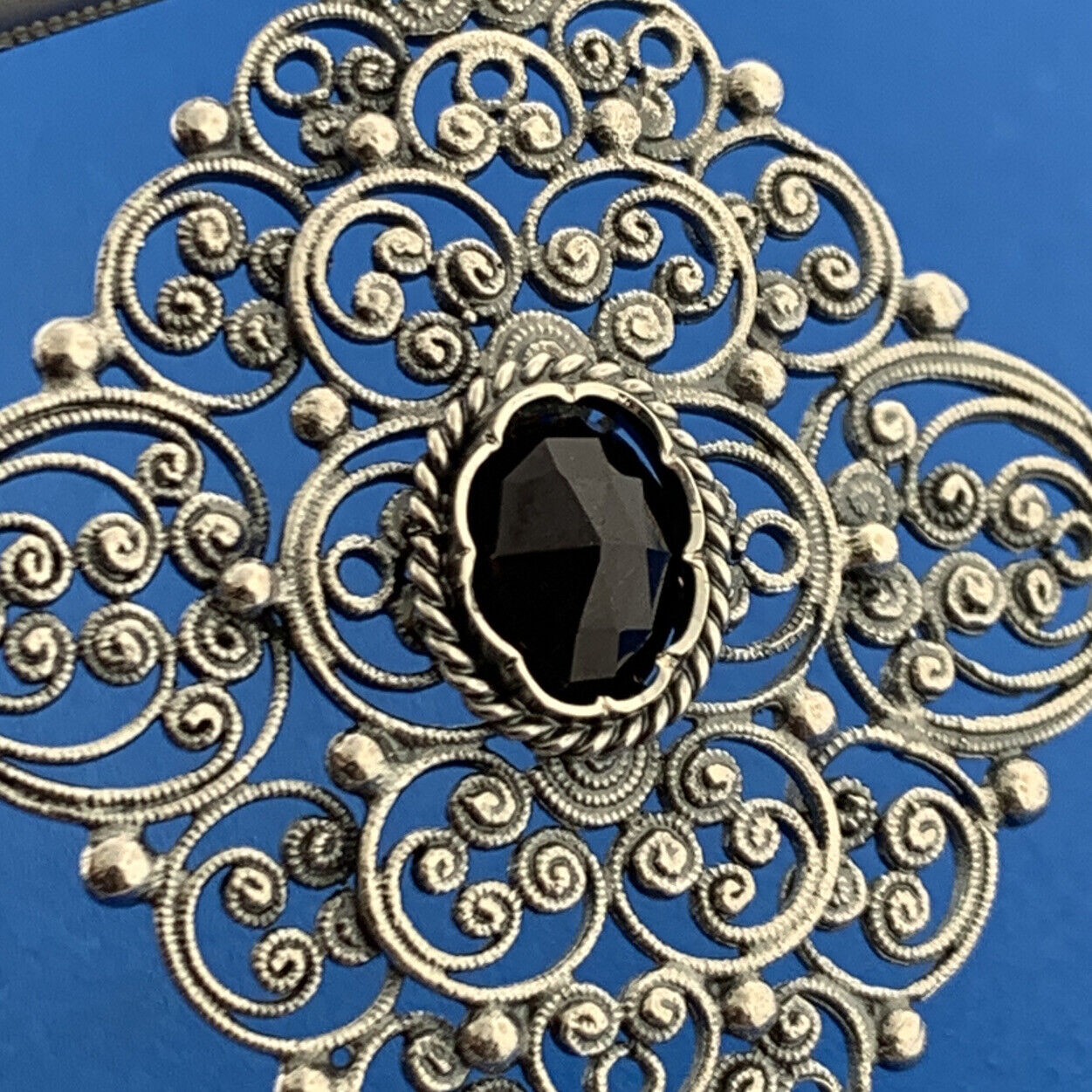 Designer Austria Sterling Silver Garnet Filigree Beaded Scroll Statement Pendant