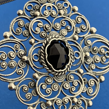 Designer Austria Sterling Silver Garnet Filigree Beaded Scroll Statement Pendant