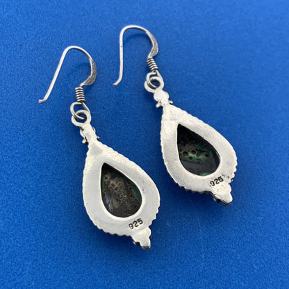Beautiful 925 Sterling Silver Abalone Pear Shaped Balinese Style Dangle Earrings