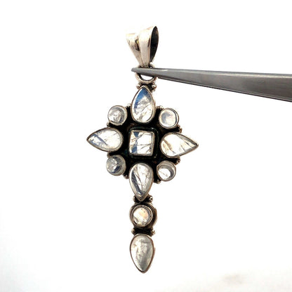 Vintage 925 Sterling Silver Pear Round Moonstone Cabochon Cross Pendant