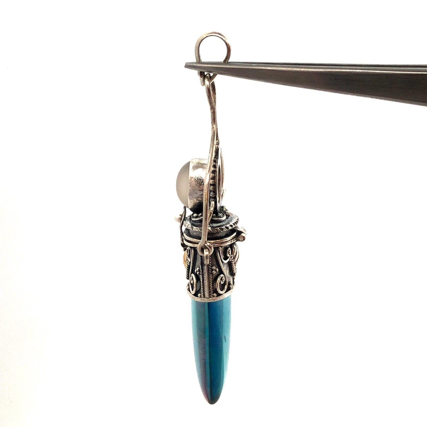 Vintage 925 Sterling Silver Iridescent Crystal Glass Snuff Filigree Box Pendant