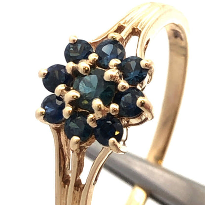 Designer 14K Yellow Gold Round Blue Sapphire Flower September Anniversary Ring