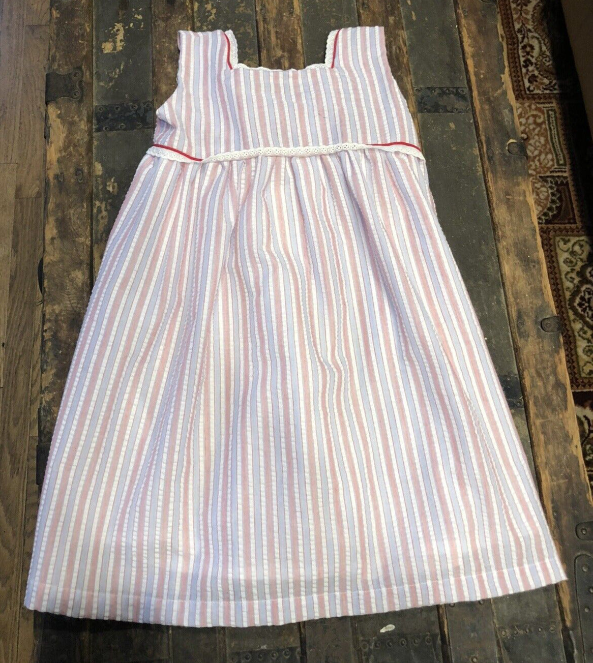 The Oaks Apparel Company Red White Blue Seersucker Girls Size 7 Lined Sundress
