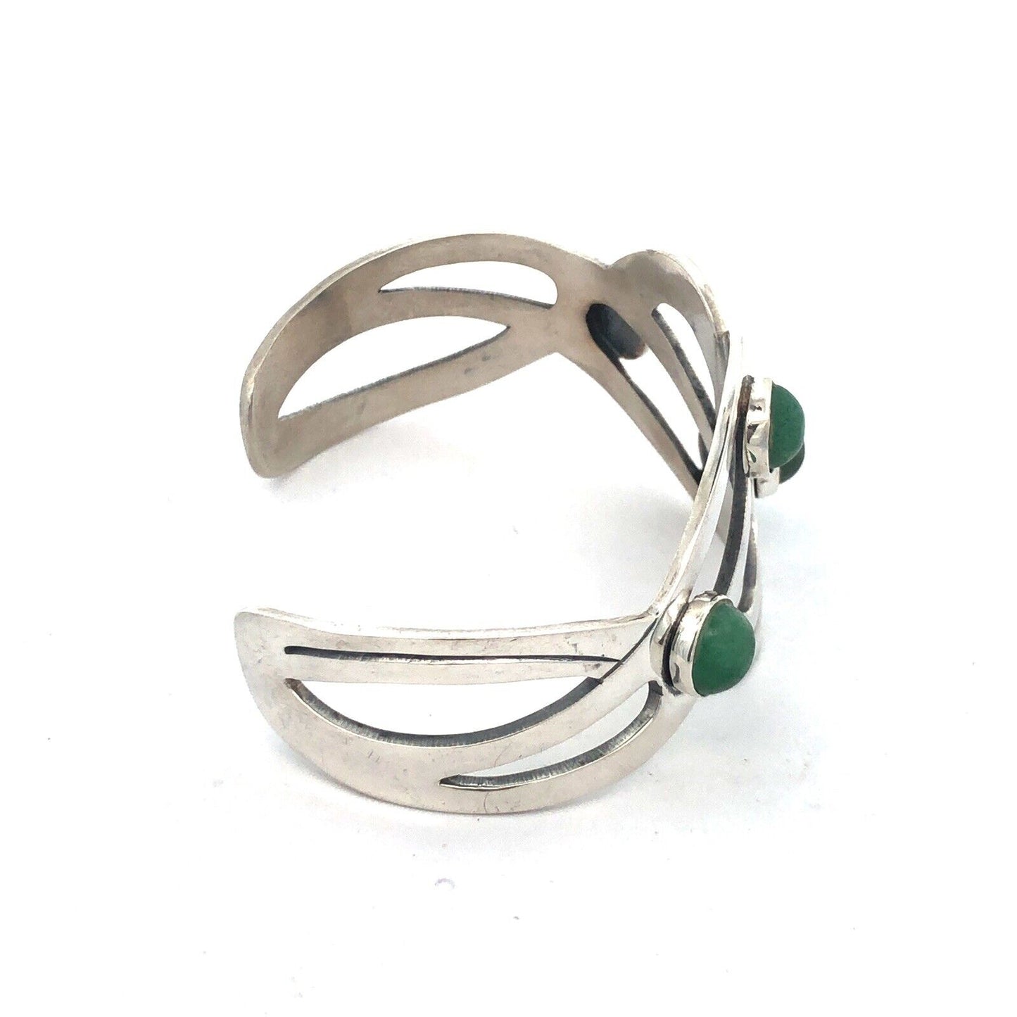 Mid Century Taxco 925 Sterling Silver Modernist Green Tourmaline Cuff Bracelet