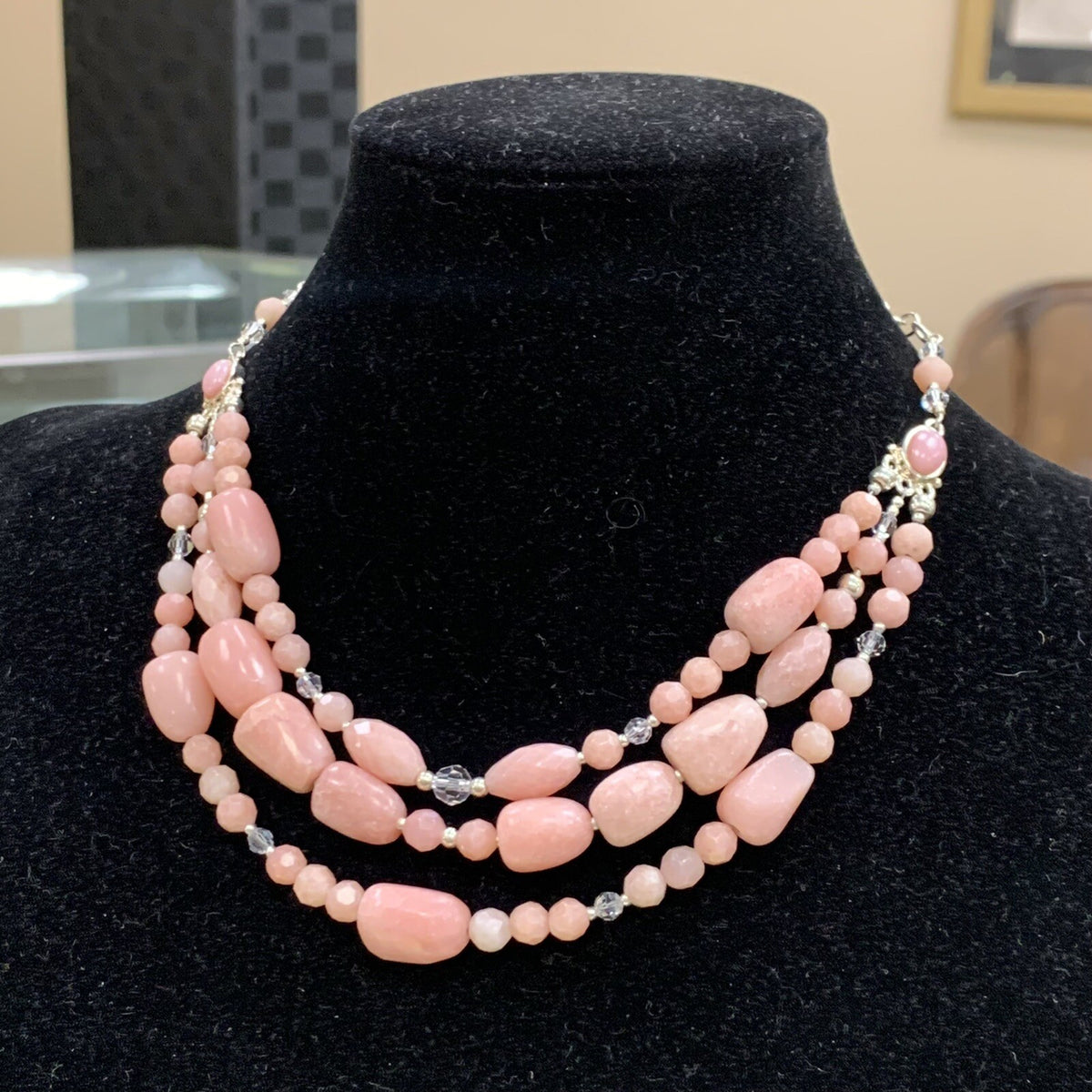 Designer BARSE 925 Sterling Silver Rhodochrosite Beaded Three Strand Necklace