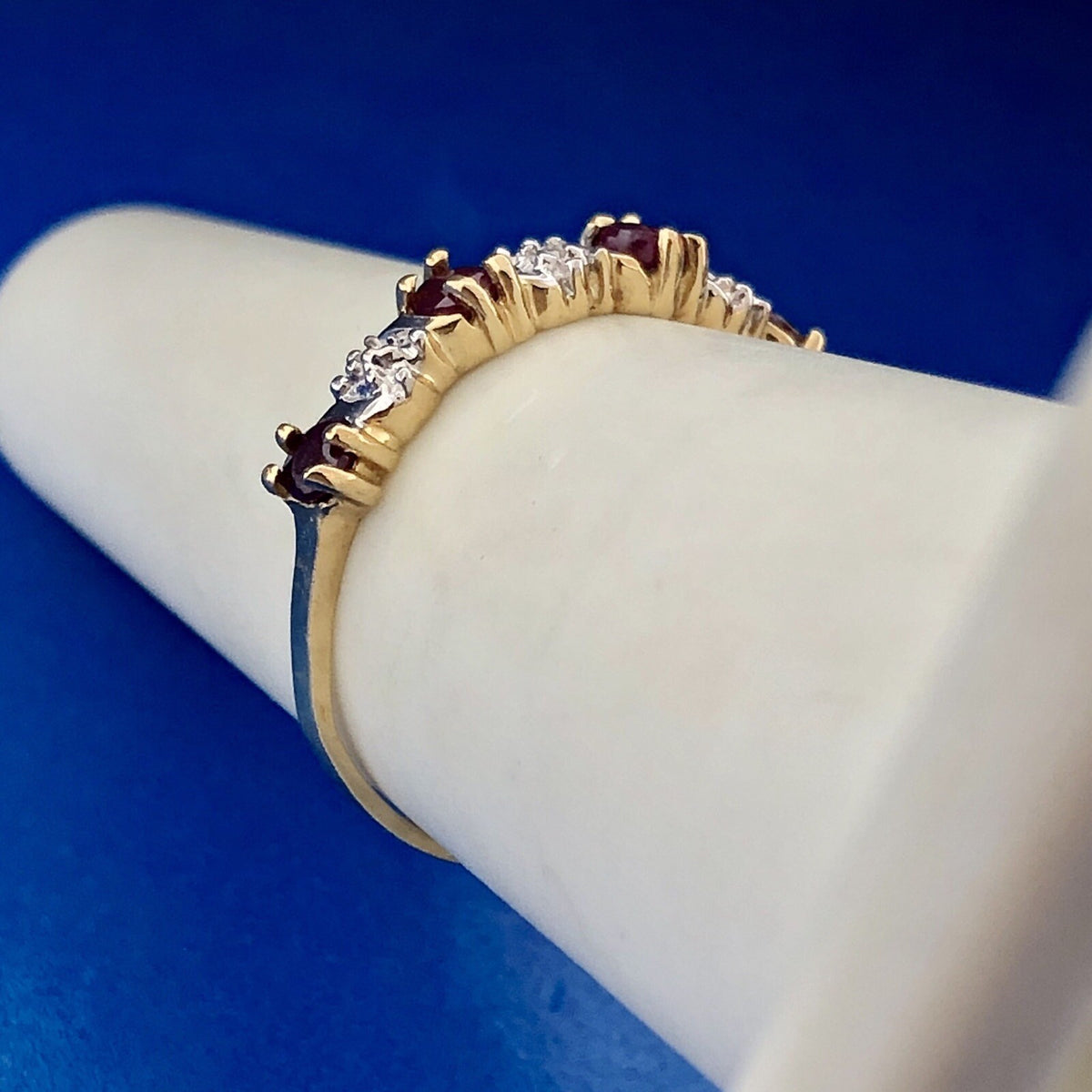 Retro 10K Yellow White Gold Ruby Diamond Stackable Anniversary Band Ring