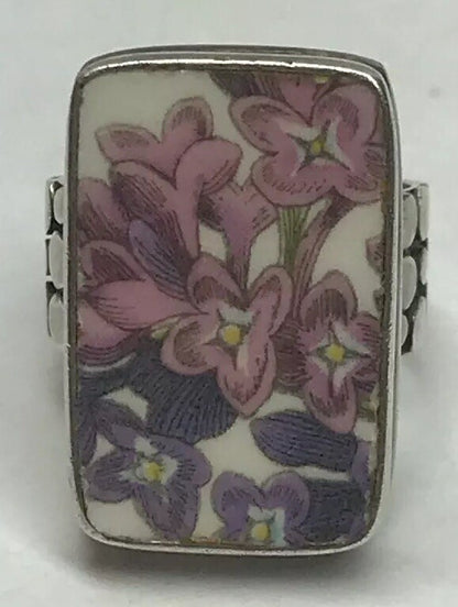 Vintage Sterling Silver 925 Purple Pink Floral Enamel Bead Work Statement Ring