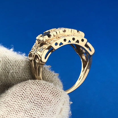 Art Deco Art Nouveaux 14K Yellow Gold Sapphire Diamond Etruscan Dome Ring