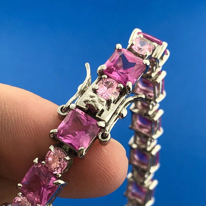 Sparkling FAS 925 Sterling Silver Pink Sapphire Round Pink CZ Tennis Bracelet