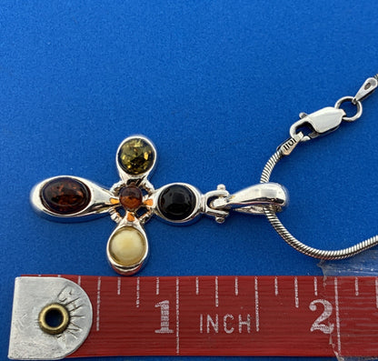 Designer 925 Sterling Silver Amber Modernist Cross Religious Pendant Necklace