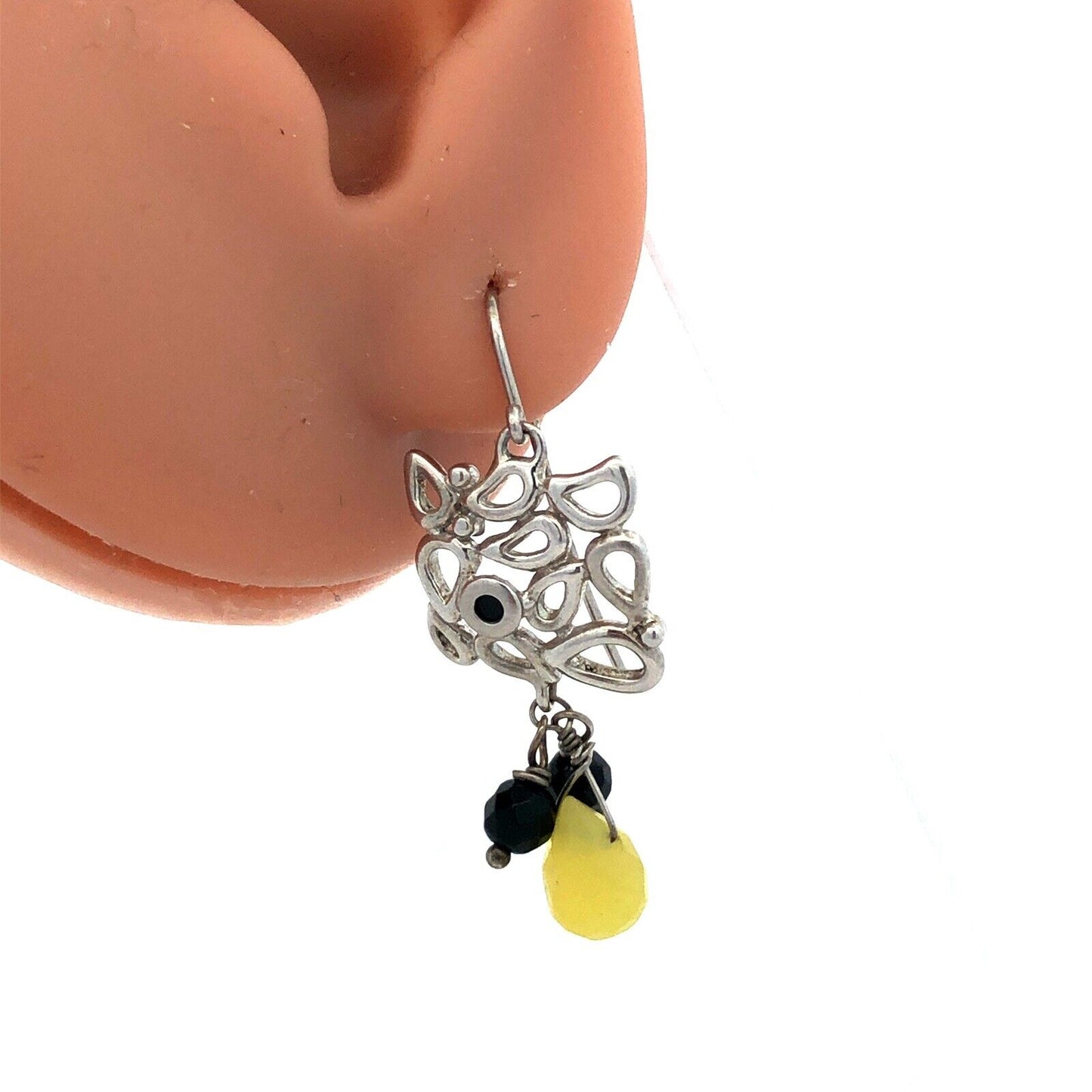 Vintage 925 Sterling Silver Black Onyx Chrysoprase Modernist Dangle Earrings