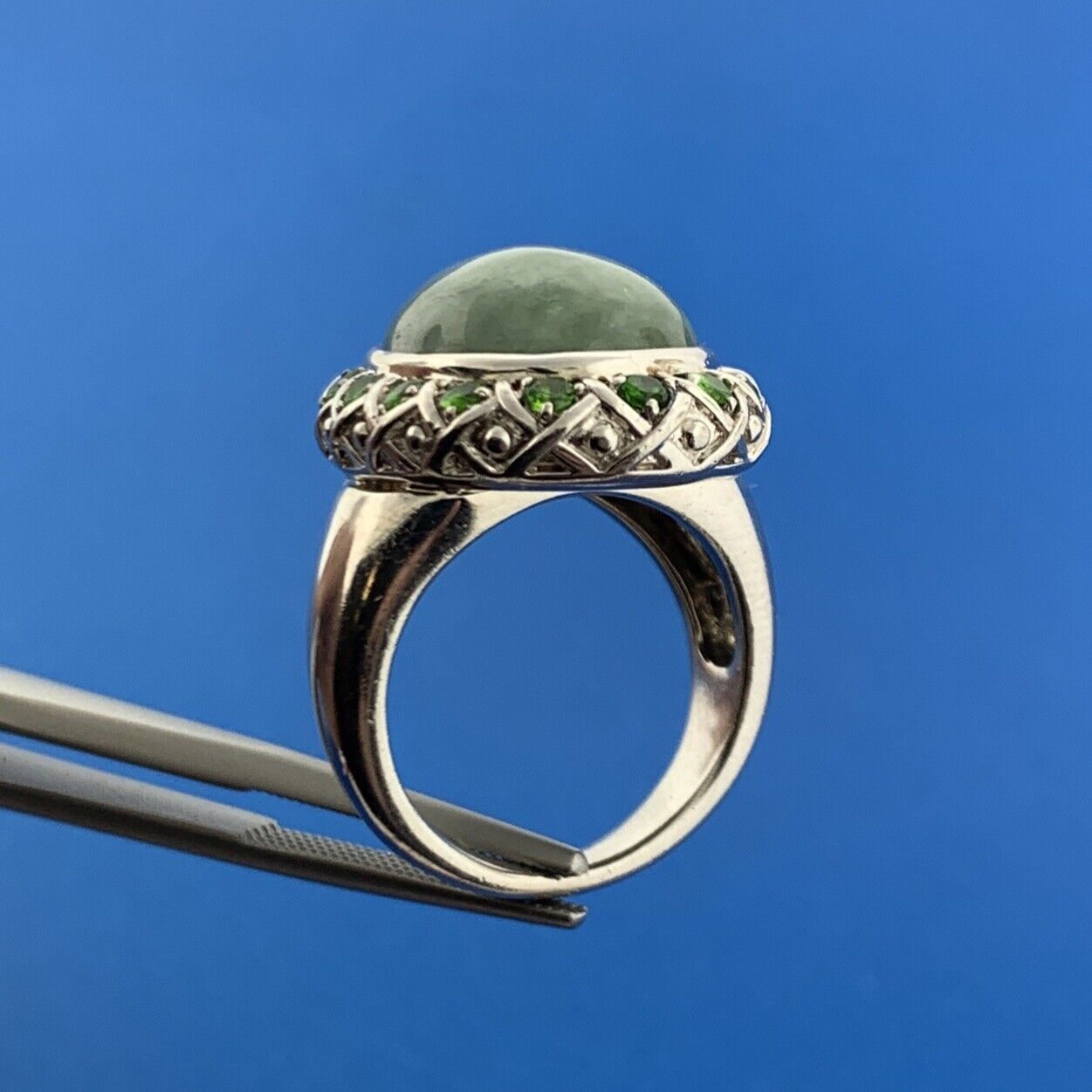 Designer Sterling Silver 925 Jade Green CZ Protection Harmony Statement Ring