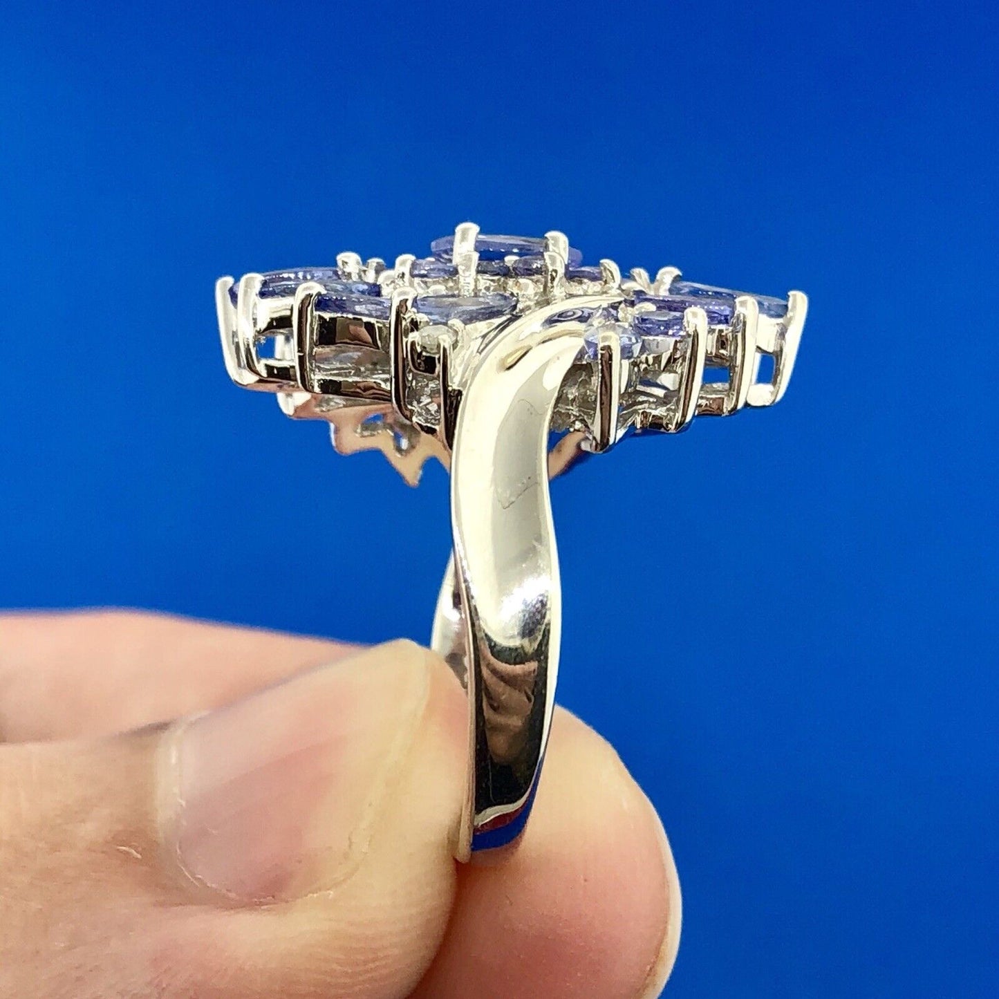 Stunning Designer JS 925 Sterling Silver Tanzanite Diamond Floral Cluster Ring