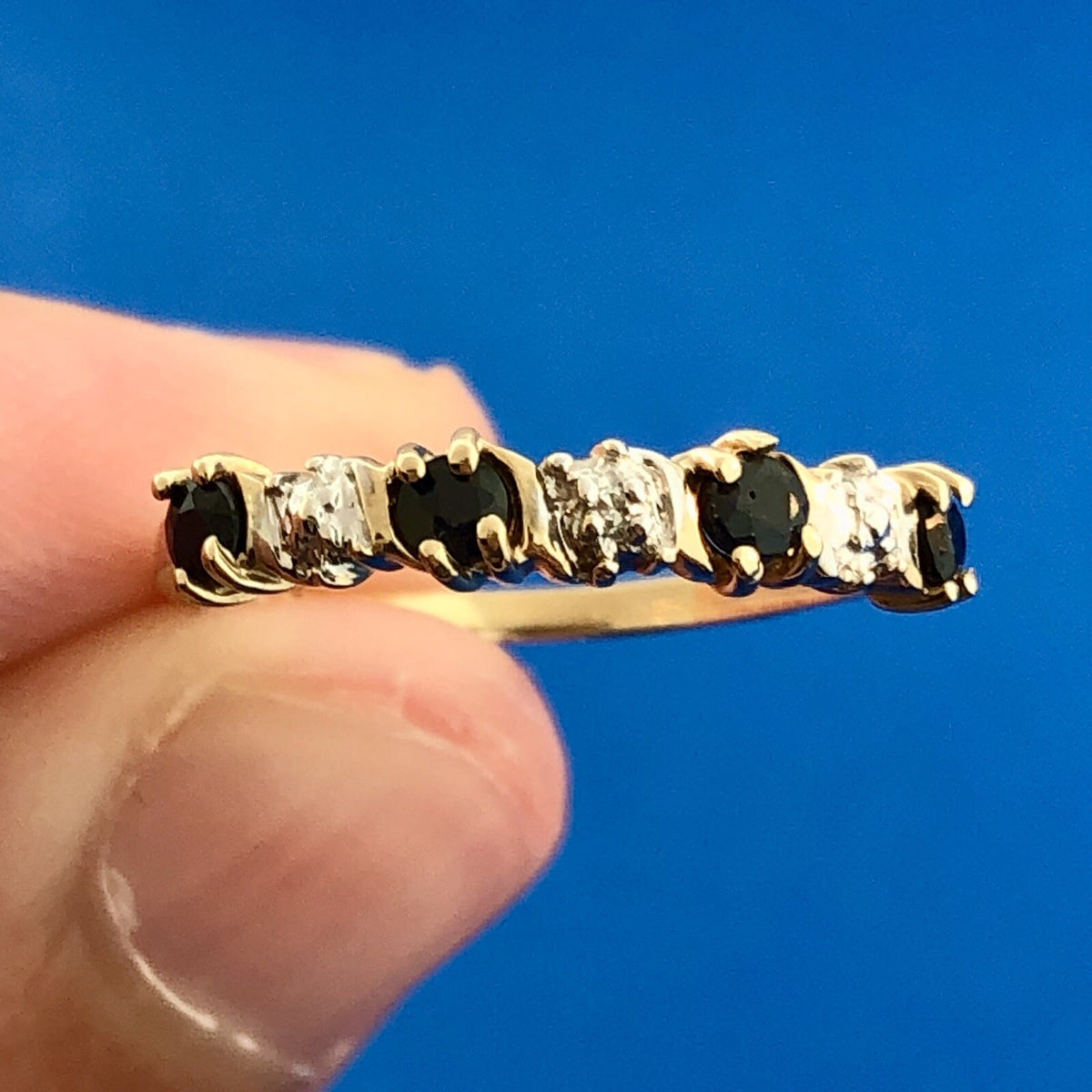 Retro 10K Yellow White Gold Sapphire Diamond Stackable Anniversary Band Ring