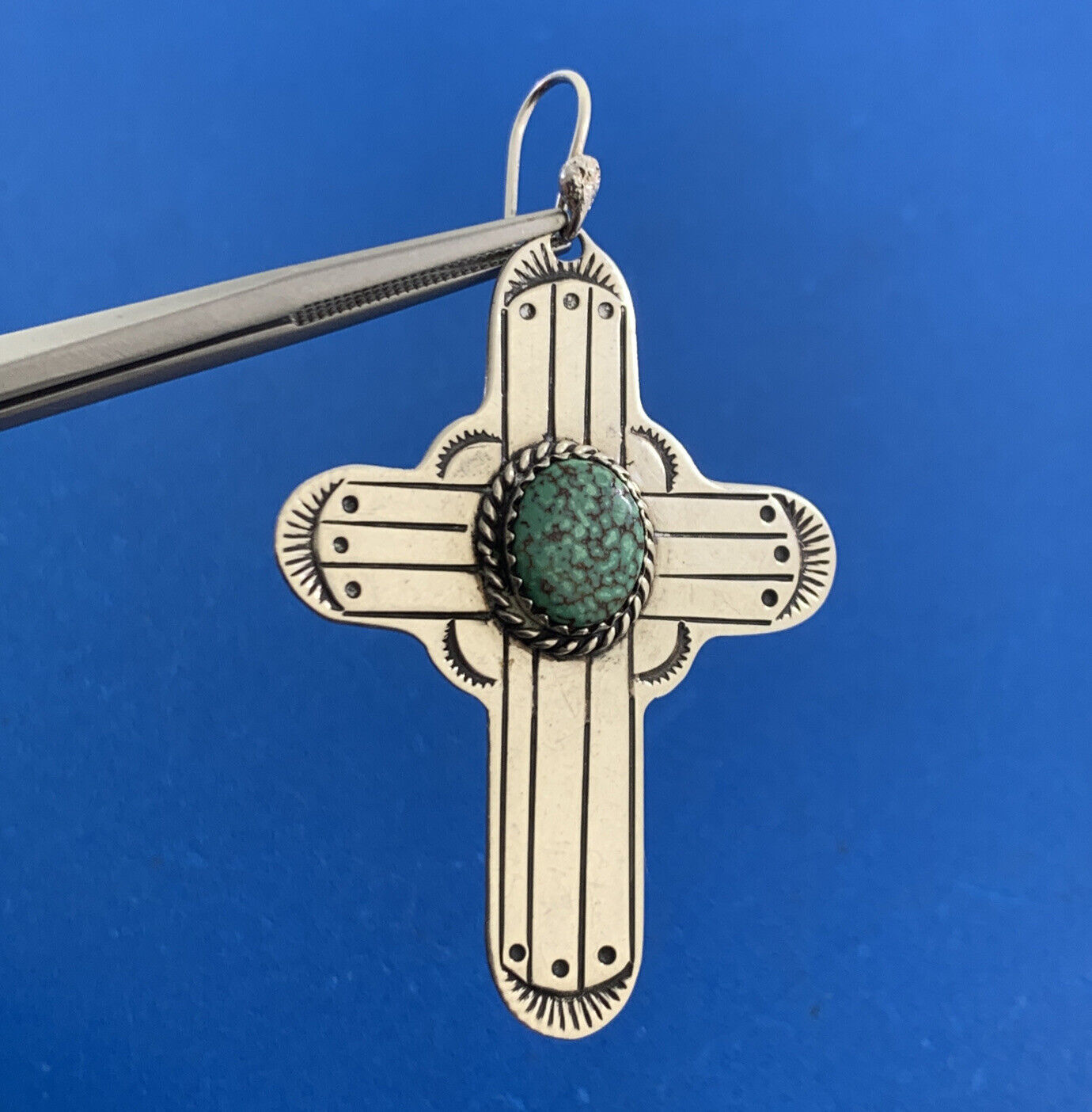 Native American 925 Sterling Silver Concho Green Turquoise Cross Hook Earrings