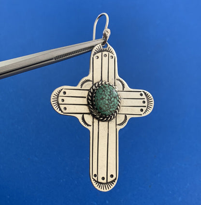 Native American 925 Sterling Silver Concho Green Turquoise Cross Hook Earrings
