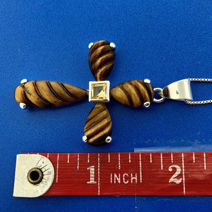 Designer GSJ Sterling Silver 925 Citrine Tigers Eye Cross Statement Necklace