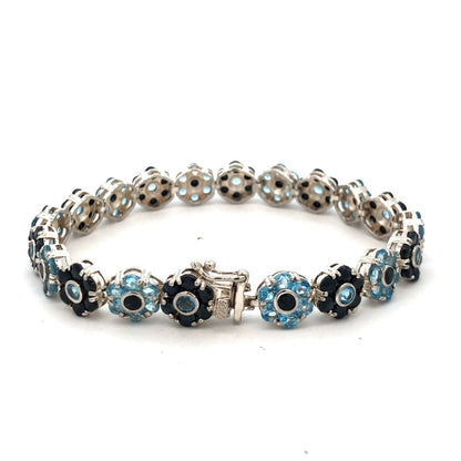 Designer 925 Sterling Silver Round Blue Topaz Sapphire Floral Tennis Bracelet