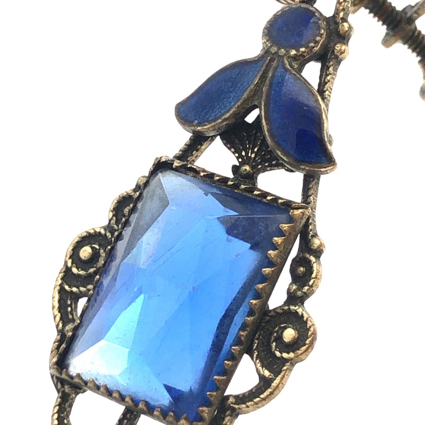 Antique Silver Tone Blue Glass Enamel Floral Scroll Dangle Screw Back Earrings