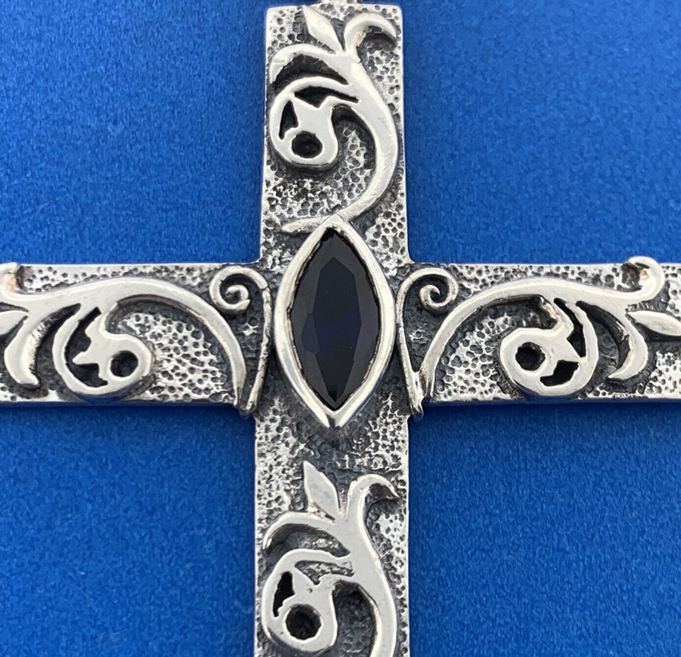 Designer PSCL 925 Sterling Silver Marquise Blue Spinel Statement Cross Pendant