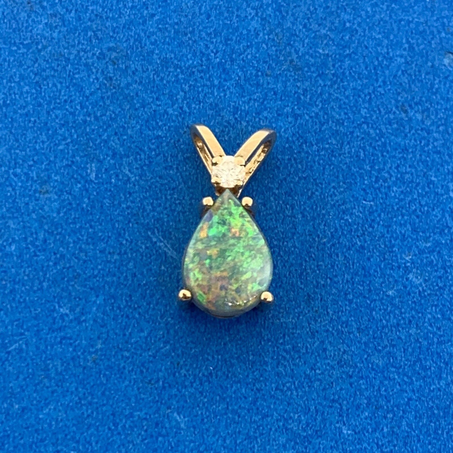 14K Yellow Gold Pear Opal Diamond Accented Drop Pendant