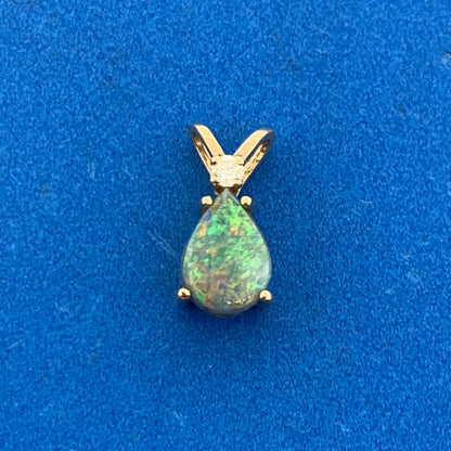 14K Yellow Gold Pear Opal Diamond Accented Drop Pendant