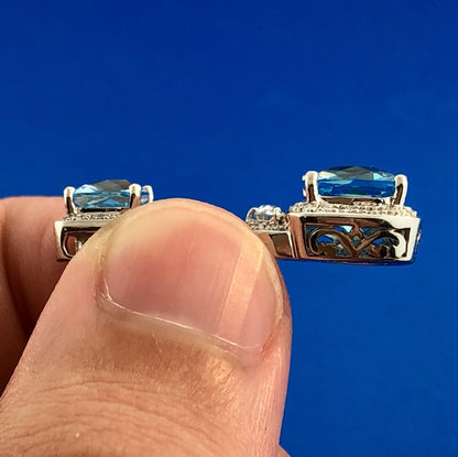 Stunning 14K White Gold Blue Topaz Diamond Aquamarine Accent Double Drop Pendant