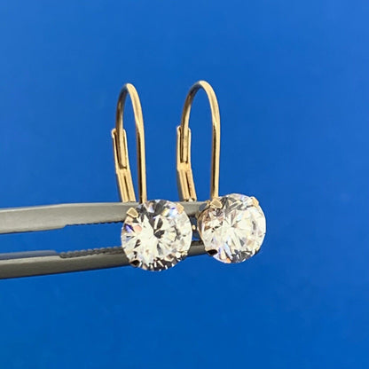 Estate 14K Yellow Gold Round Cubic Zirconia CZ Drop Dangle Leverback Earrings