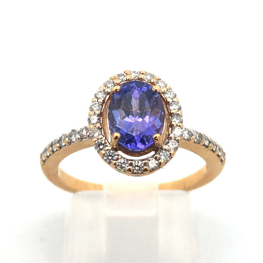 Designer 18K Yellow Gold Oval Tanzanite Diamond Halo Engagement Cocktail Ring