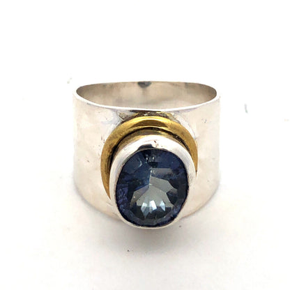 Designer YS 925 Sterling Silver Brass Oval Tanzanite Bezel Wide Hammered Ring