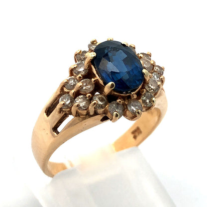 Vintage 14K Yellow Gold Oval Blue Sapphire Round Diamond Halo Anniversary Ring