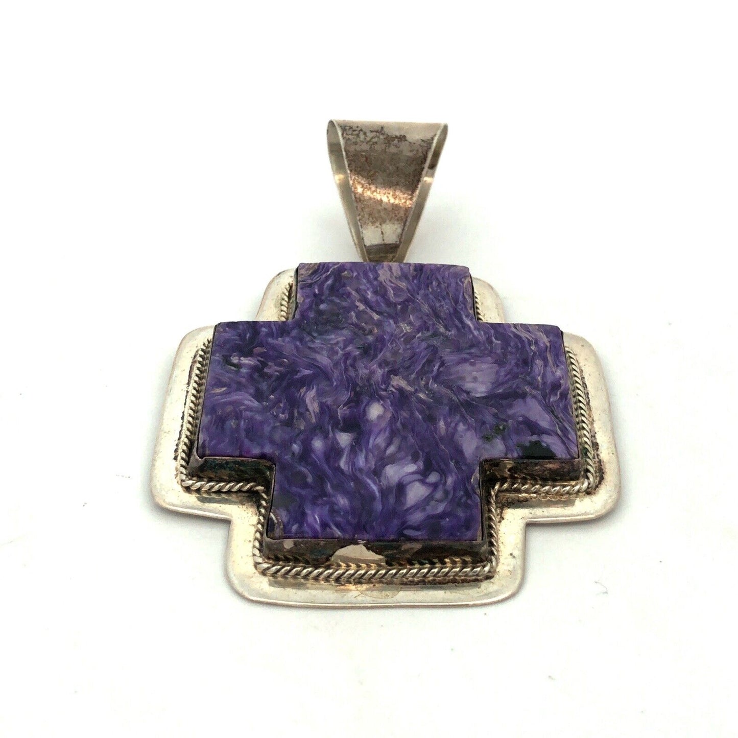 Native American Signed 925 Sterling Silver Charoite Statement Cross Pendant