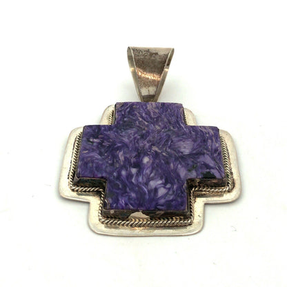 Native American Signed 925 Sterling Silver Charoite Statement Cross Pendant