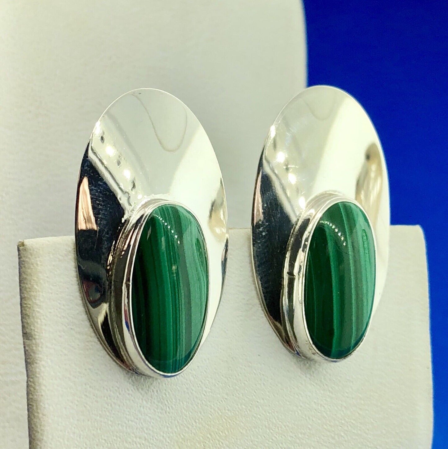 Vintage Sterling Silver 925 Oval Malachite Cabochon Elongated Stud Earrings