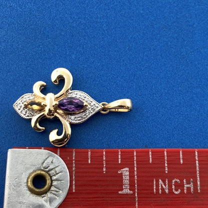 Designer 10K Yellow White Gold Amethyst Citrine Diamond Fleur De Lis Pendant