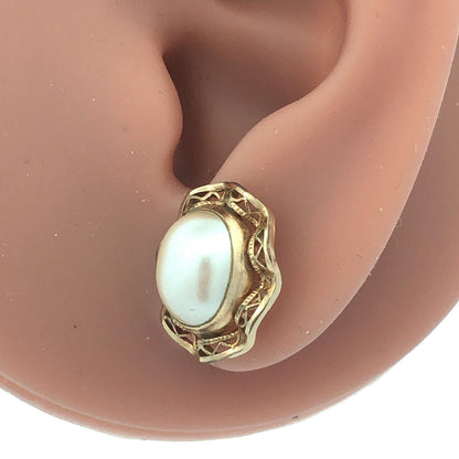 Estate 14K Yellow Gold Filled Oval Pearl Filigree Halo Birds Nest Stud Earrings