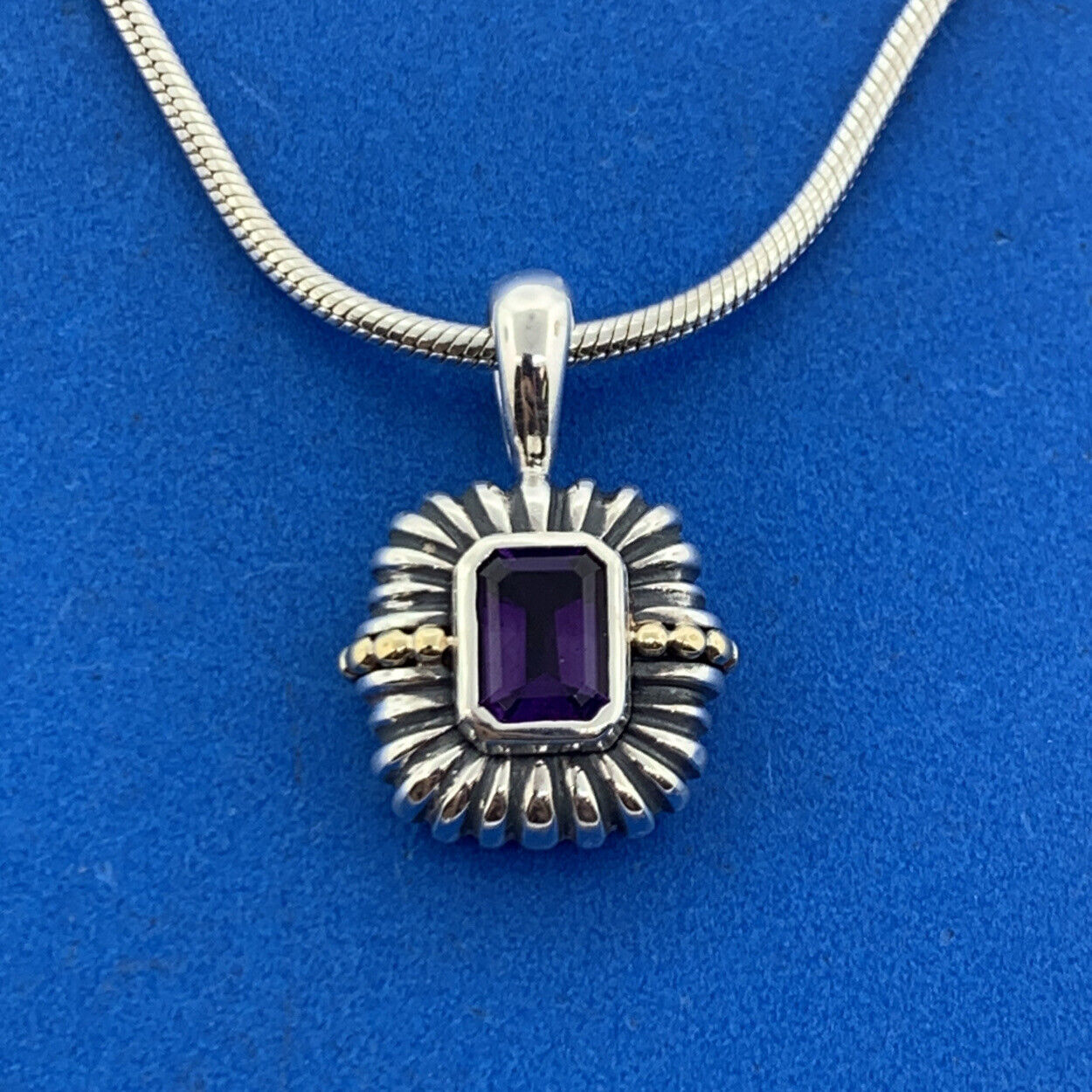 Stunning Sterling Silver 925 18k Trim Purple Amethyst Pendant 16" Chain Necklace