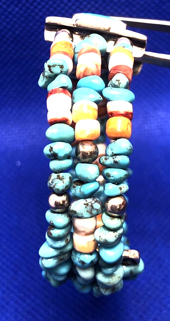 Native American Signer 925 Sterling Silver Turquoise & Shell Beaded Bracelet