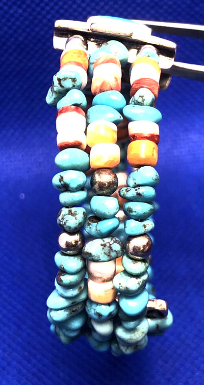Native American Signer 925 Sterling Silver Turquoise & Shell Beaded Bracelet