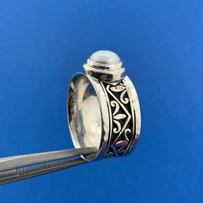 Designer 925 Sterling Silver Pearl Fleur De Lis Scroll Cigar Band Ring