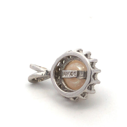 Designer BME 14K White Gold Round White Pearl Diamond Halo June Bridal Pendant